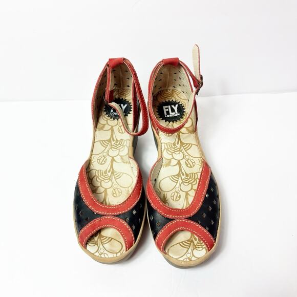 FLY LONDON YANS SANDAL WOMEN RED GRAY LEATHER WEDGE HEELS SIZE 38 OR 7.5 - Picture 3 of 7